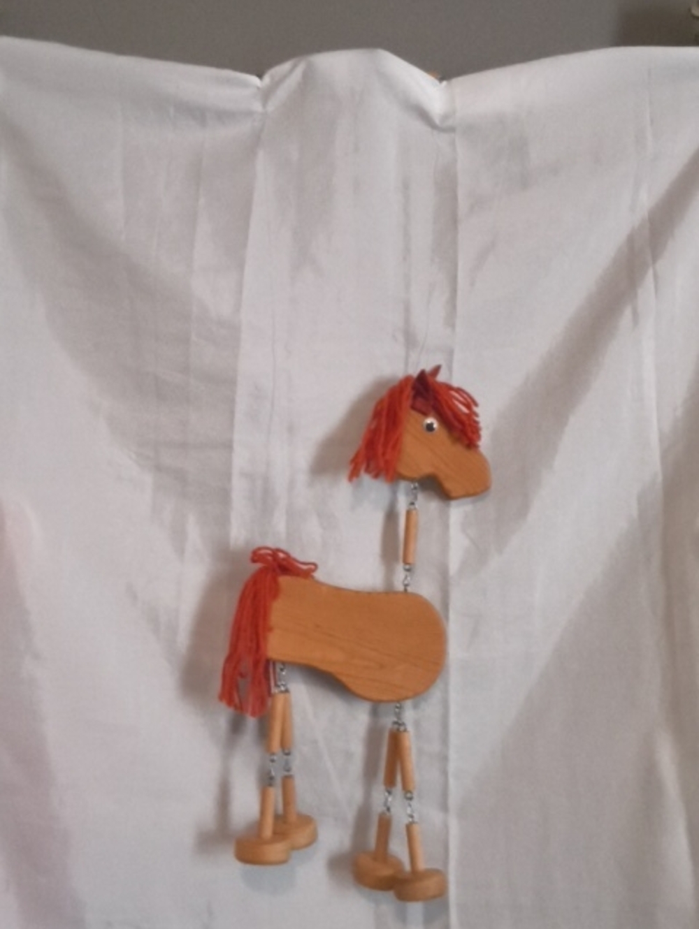 Wooden Marionette Horse Puppet Yarn Hair Decor Vintage Nursery